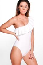 Boohoo Menorca One Shoulder Frill Bathing Suit White