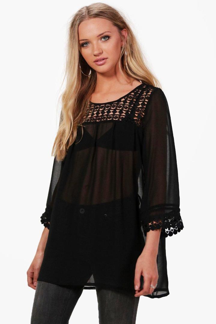 Boohoo Lauren Crochet Panel Top Black