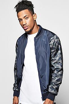 Boohoo Lined Nylon Ma1 Bomber Jacket With Camo Sleeves