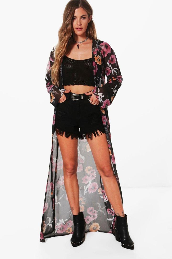 Boohoo Leah Maxi Floral Chiffon Kimono Black