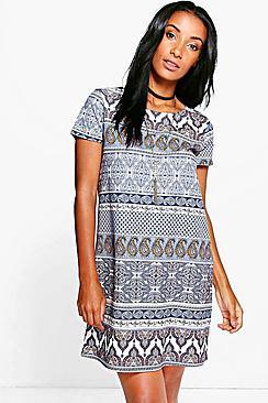 Boohoo Eva Ethnic Printed Shift Dress