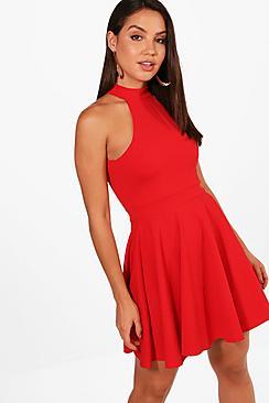 Boohoo Lottie High Neck Skater Dress