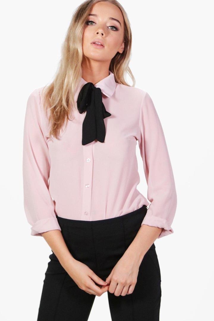 Boohoo Nicole Woven Tie Neck Shirt Blush