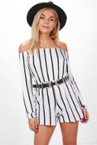 Boohoo Selena Striped Off The Shoulder Playsuit White