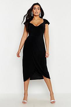 Boohoo Plus Slinky Cold Shoulder Wrap Midi Dress