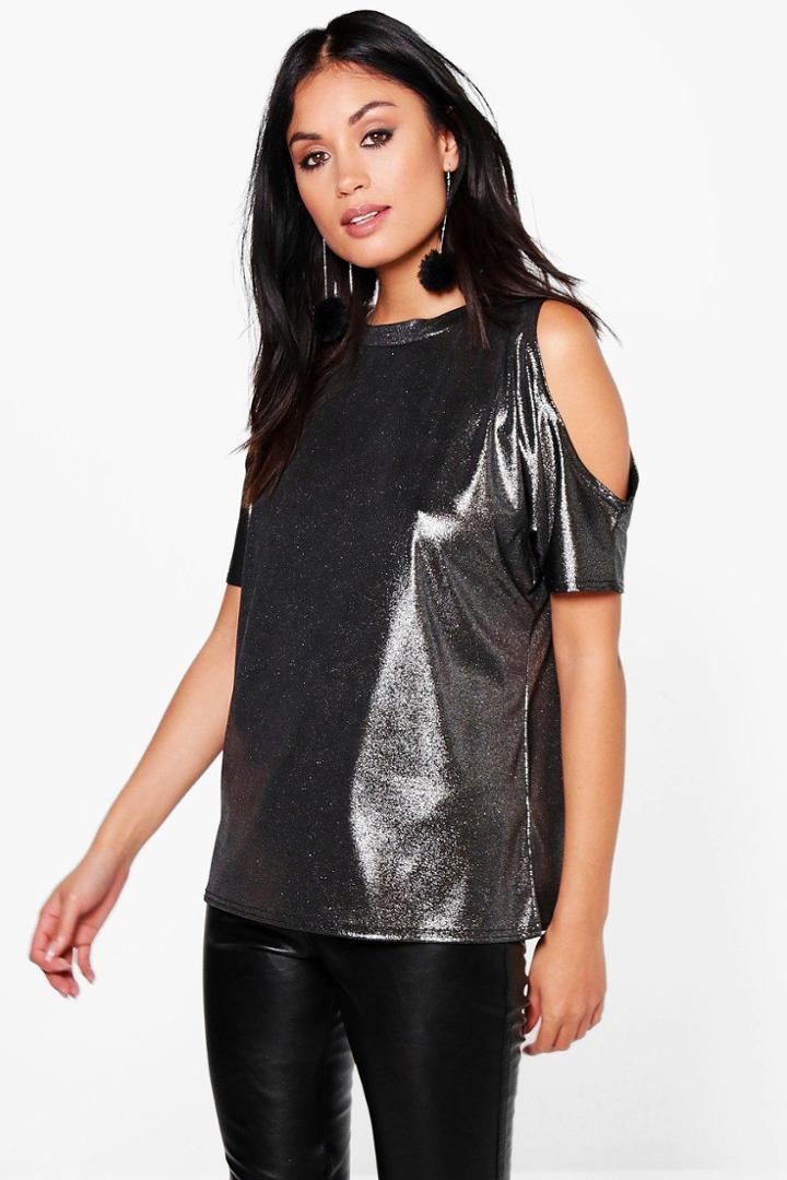 Boohoo Naomi Metallic Cold Shoulder T-shirt Silver