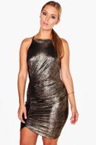 Boohoo Plus Kirstie Shimmer Ruched Strappy Dress Gold