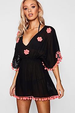 Boohoo Hannah Flower Pom Pom Detail Beach Kimono