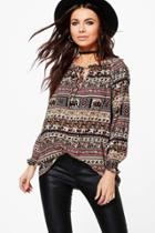 Boohoo Laura Aztec Print Shirt Beige