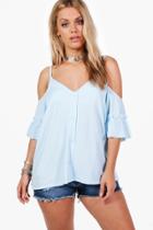 Boohoo Plus Louisa Frill Cold Shoulder Button Front Top Bluebell