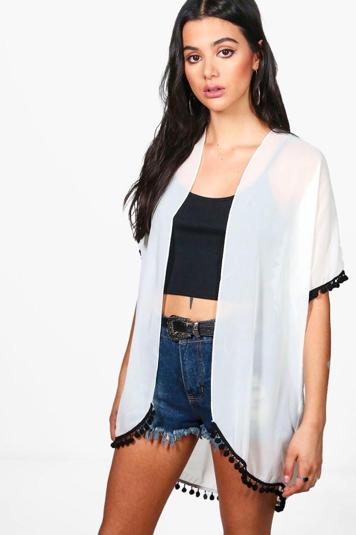 Boohoo Alexandra Chiffon Kimono With Pom Pom Trim Cream