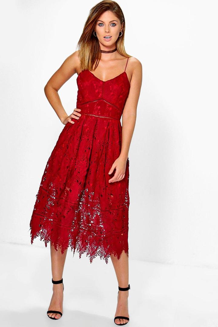 Boohoo Boutique Eva Corded Strappy Skater Dress Berry
