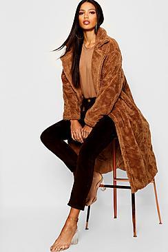 Boohoo Collared Longline Faux Fur Coat