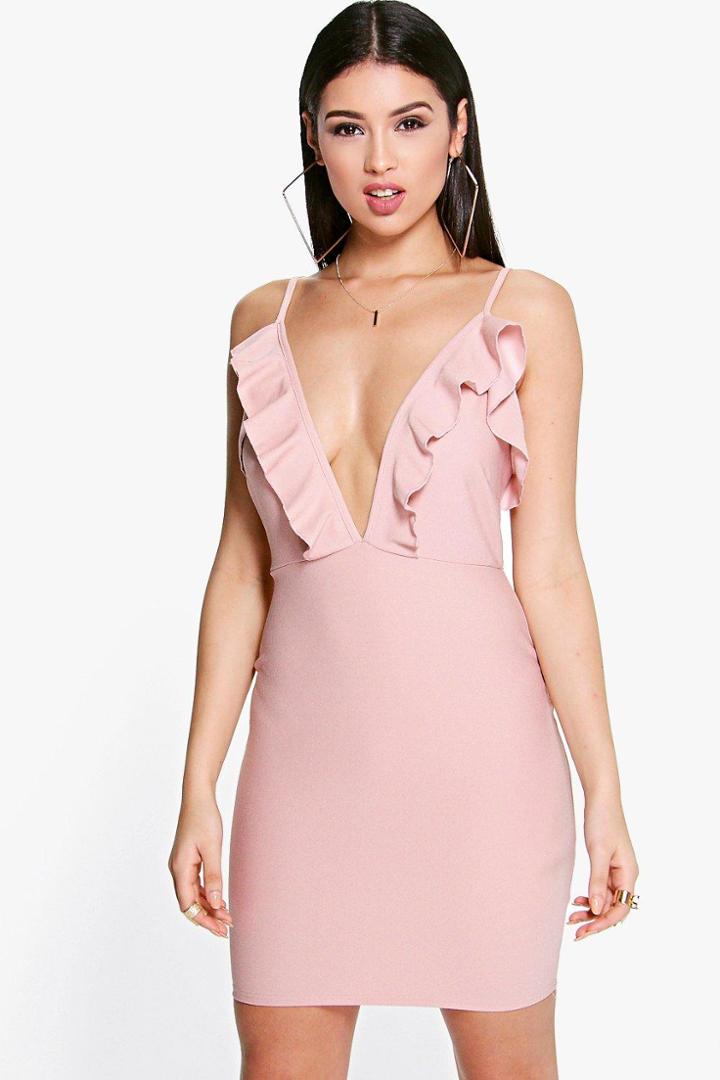 Boohoo Viola Frill Plunge Neck Bodycon Dress Blush
