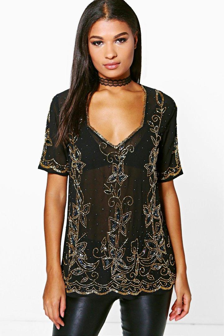 Boohoo Izzy Embellished Plunge T-shirt Black