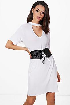 Boohoo Hilary Choker Corset Belt 2 In 1 T-shirt Dress