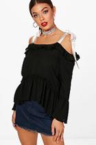 Boohoo Willow Cold Shoulder Ruffle Tie Blouse