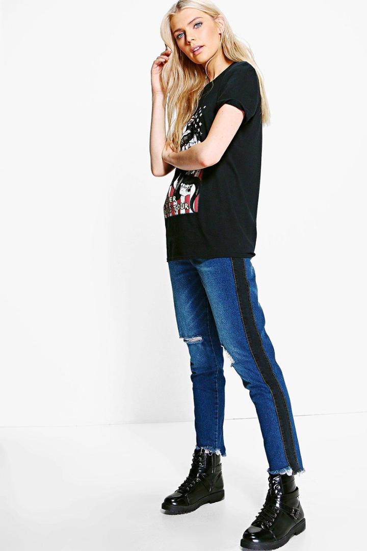 Boohoo Hatty High Rise Two Tone Stripe Boyfriend Jeans Indigo