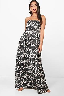 Boohoo Maya Dark Floral Shirred Maxi Dress