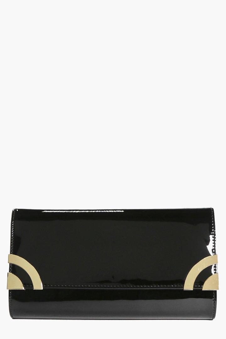Boohoo Bella Patent Metal Corner Clutch Bag Black