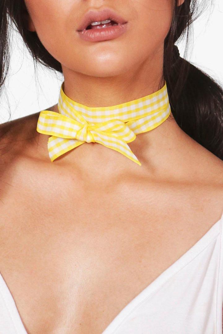 Boohoo Nancy Gingham Wrap Around Tie Choker Yellow