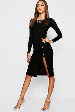 Boohoo Mock Horn Button Split Front Midi Skirt
