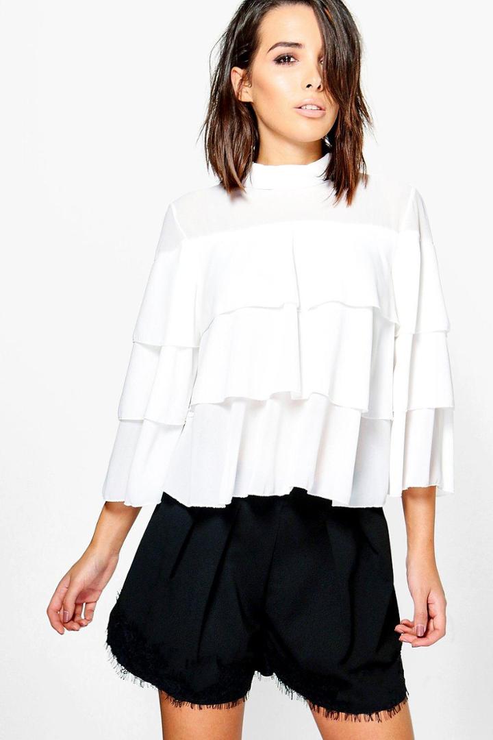 Boohoo Nia High Neck Frill Sleeve Top Cream