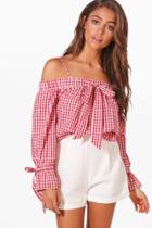 Boohoo Layla Gingham Cold Shoulder Top Red