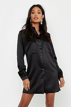 Boohoo Satin Pocket Front Shirt Dress