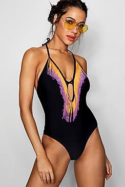 Boohoo Vietnam Plunge Ombre Tassel Swimsuit