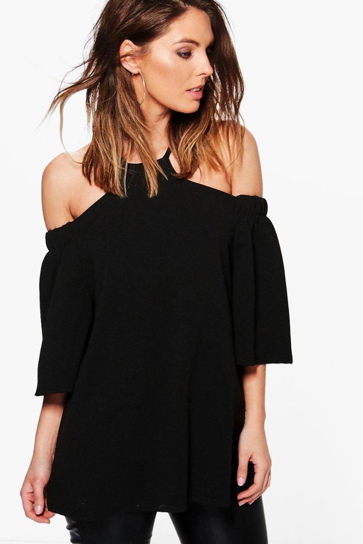 Boohoo Lilly Cold Shoulder Flare Sleeve Crepe Top Black