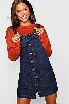 Boohoo Mock Horn Button Denim Pinafore