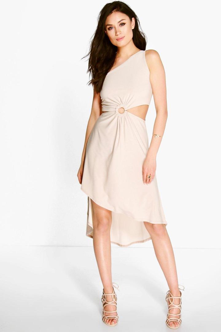 Boohoo Eve One Shoulder Asymmetric Waist Detail Midi Dress Sand