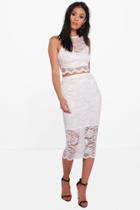 Boohoo Lily Lace Scallop Crop & Midi Skirt Co-ord Set Cream
