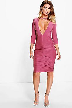 Boohoo Ruched Open Back Detail Midi Dress
