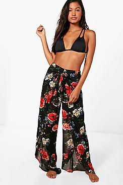 Boohoo Naomi Dark Floral Wrap Frill Beach Trouser