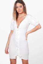 Boohoo Petite Lorna Off The Shoulder Puff Ball Sleeve Dress Ivory