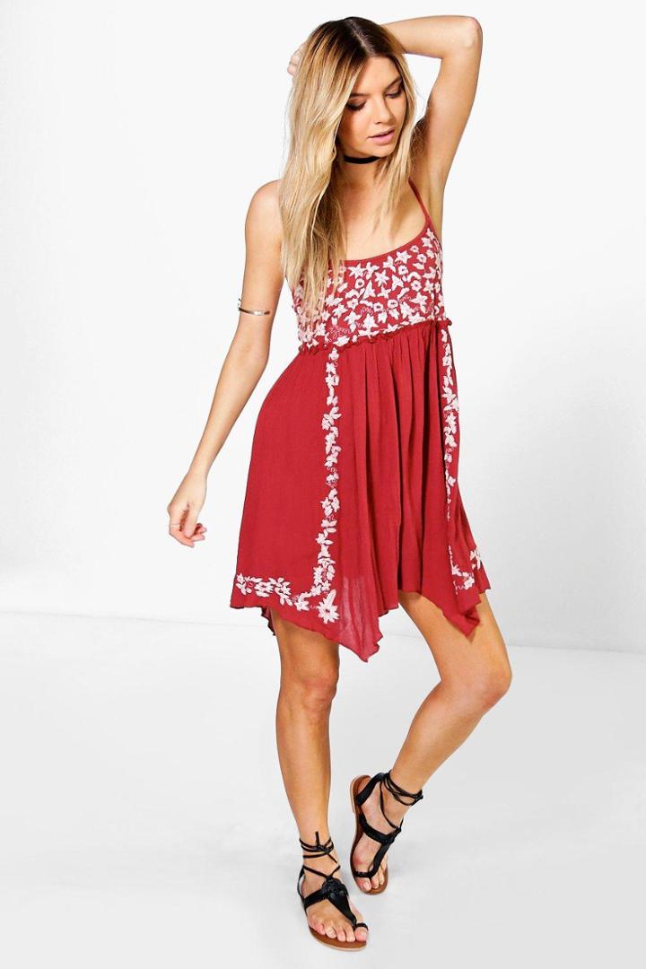 Boohoo Liz Embroidered Hanky Hem Sundress Rust