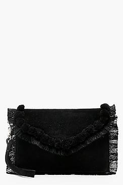 Boohoo Mia Real Suede Pompom Tassel Clutch