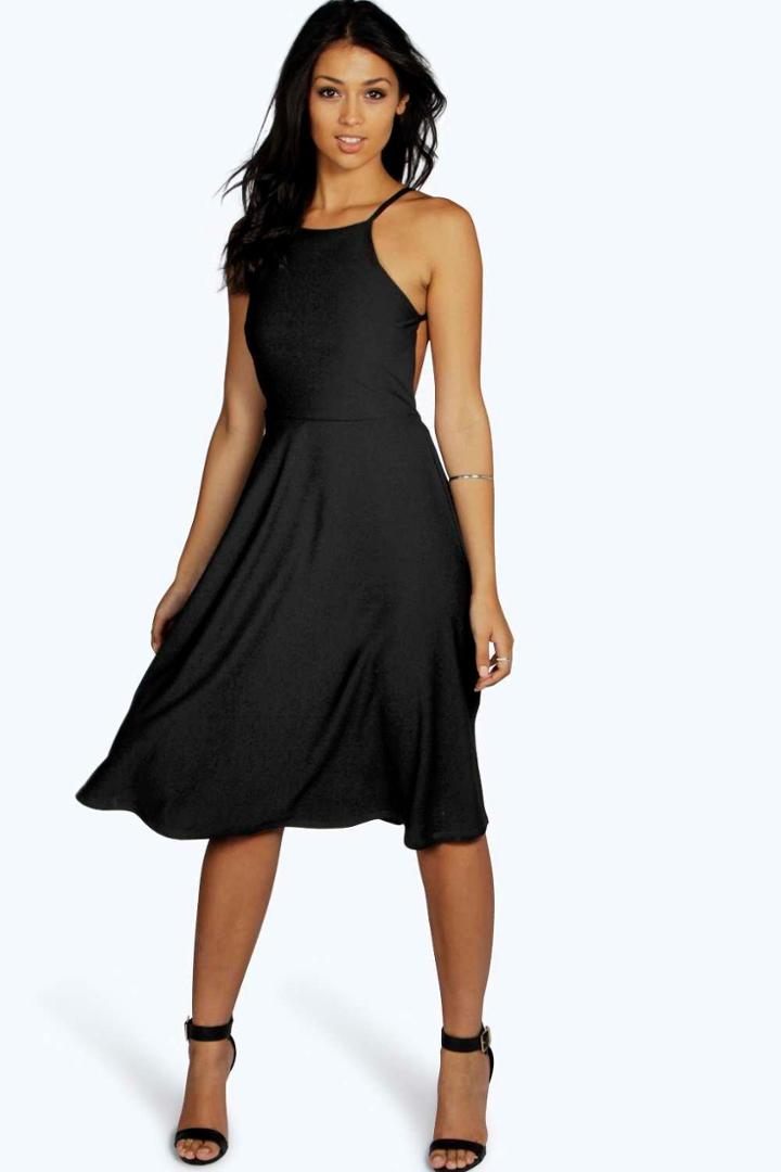 Boohoo Mary Strappy Backless Midi Skater Dress Black
