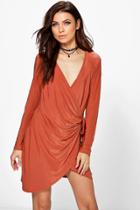 Boohoo Madeline Drape Knot Detail Bodycon Dress Amber