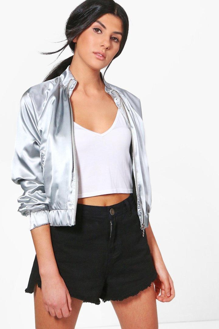 Boohoo Bella Satin Zip Through Raglan Bomber Silver
