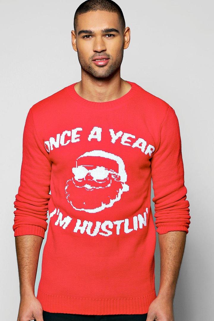 Boohoo Once A Year I'm Hustlin' Christmas Jumper Red