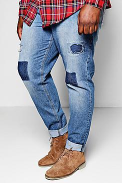 Boohoo Big And Tall Mid Blue Tonal Patchwork Jean