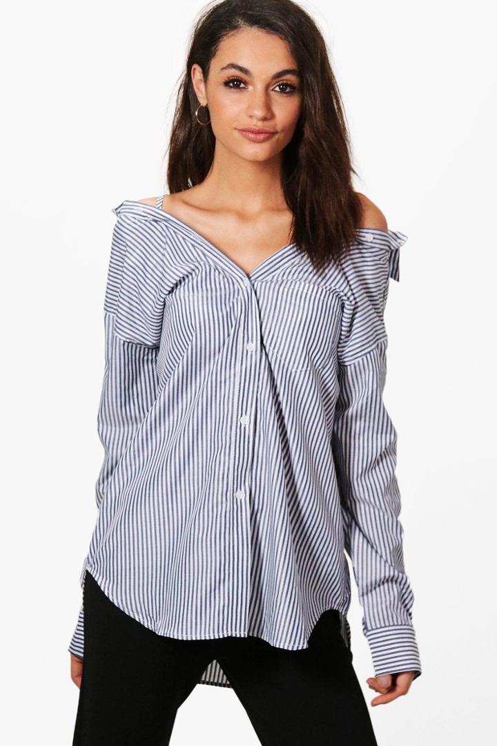 Boohoo Jasmine Off The Shoulder Stripe Tailored Shirt Grey