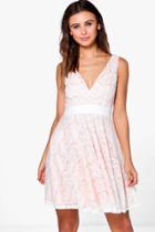 Boohoo Bonnie Plunge All Over Lace Skater Dress Cream