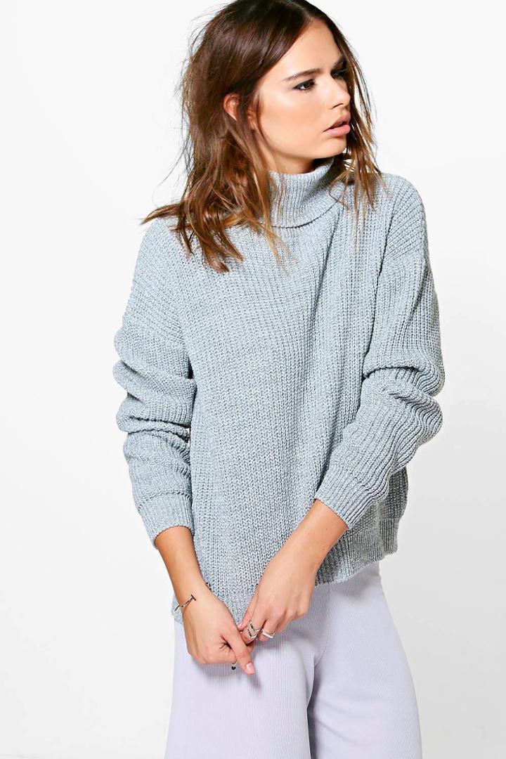 Boohoo Isabel Oversized Fisherman Roll Neck Jumper Grey