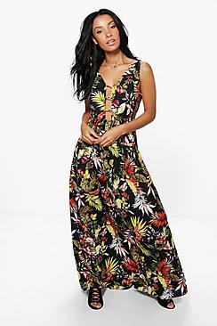 Boohoo Bella Cut Out Tropical Print Maxi Dress