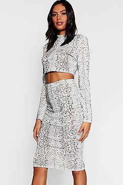 Boohoo Snake Print Knitted Crop Midi Skirt Co-ord