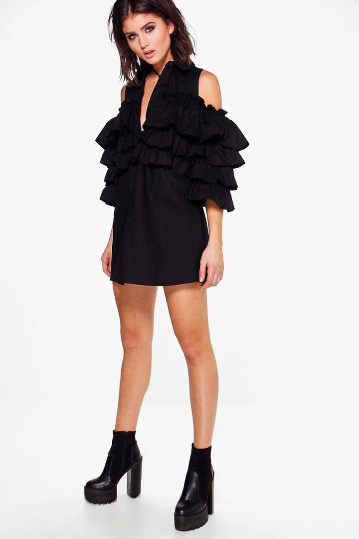 Boohoo Harmony Tiered Ruffle Shirt Dress Black